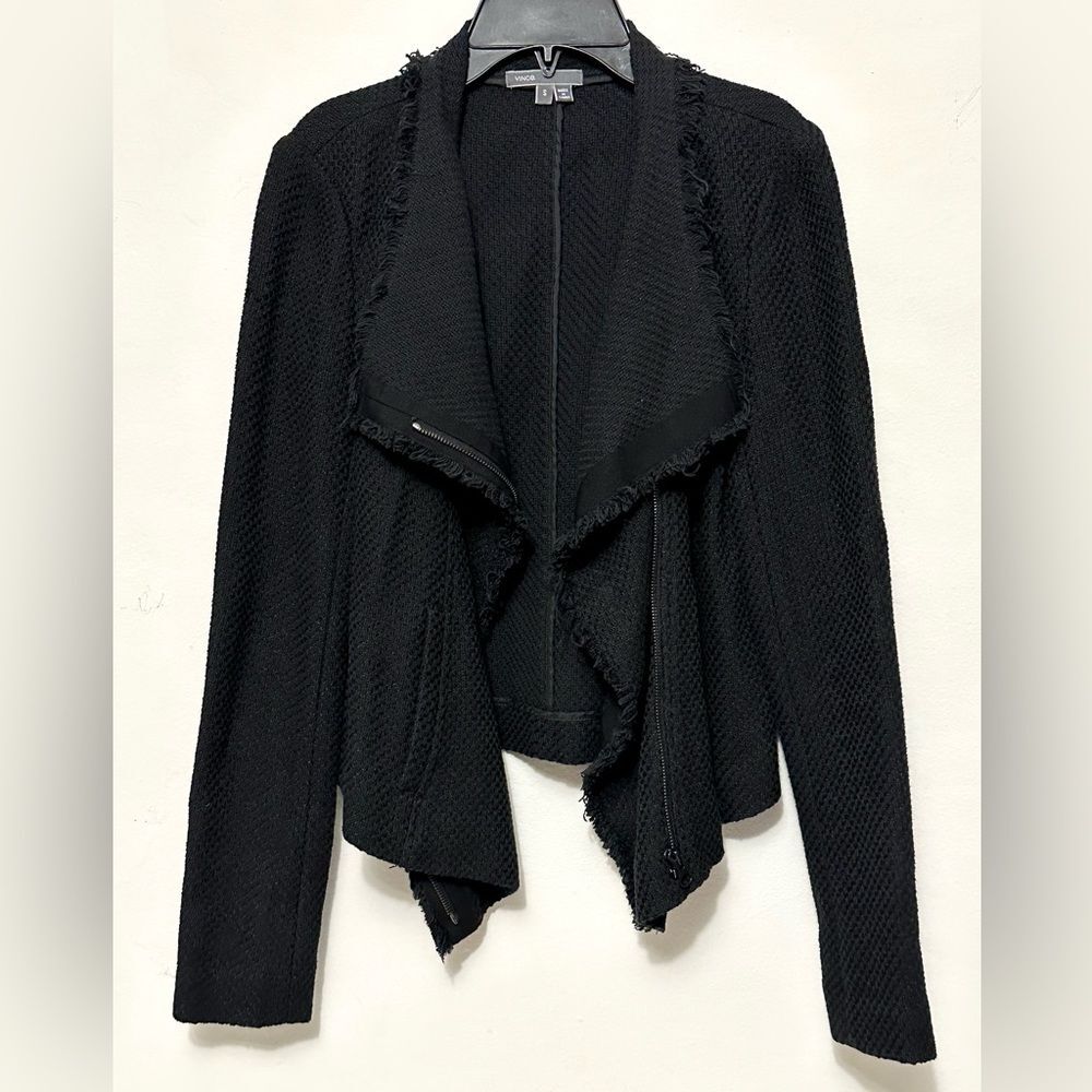 VINCE FRAYED EDGE SCUBA MOTO ZIP JACKET BLACK TWEED SIZE SMALL